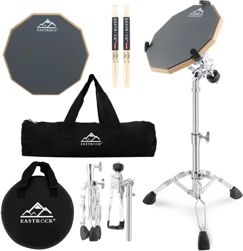 Miniatura 9 de EASTROCK Almohadilla de práctica para tambor, de 12 pulgadas de doble cara, almohadilla de tambor silenciosa de goma, tambor mudo con baquetas y Gris