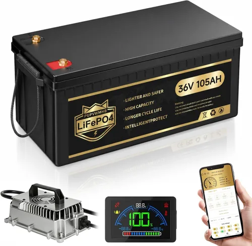36V 105Ah LiFePO4 - Batería para carrito de golf, BMS inteligente de 200A integrado, aplicación móvil, batería de litio recargable de más de 5000