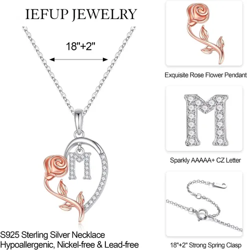 Miniatura 5 de Collar con inicial de corazón de rosa para mujer, delicado collar de letras de corazón de plata esterlina S925, collar de letras de corazón de rosa