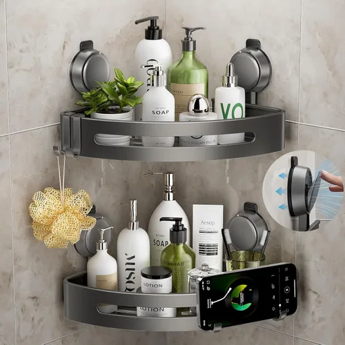 Miniatura 12 de Organizador de ducha esquinero, con ventosa y ganchos, organizador de baño de aluminio inoxidable sin perforaciones, estantes para decoración