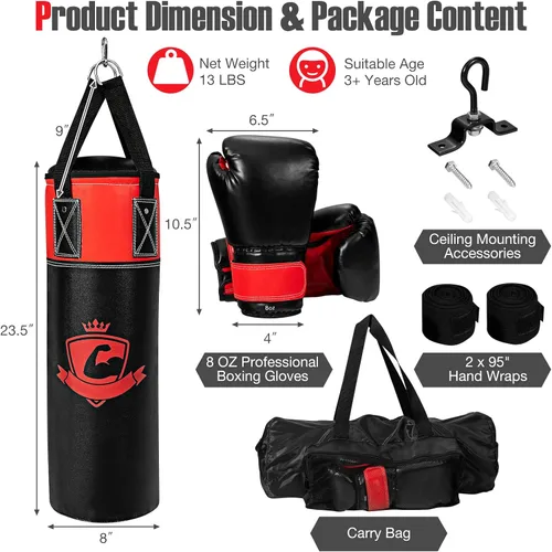 Miniatura 7 de GYMAX Saco de boxeo para niños, saco de boxeo prellenado con guantes de boxeo, envolturas de mano y bolsa de transporte, saco de boxeo pesado