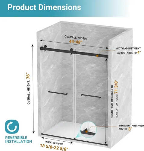 Miniatura 6 de Puerta de ducha doble deslizante de 44"-48" de ancho x 76" de alto, vidrio templado transparente sin marco de 5/16" (8mm) con revestimiento Nano