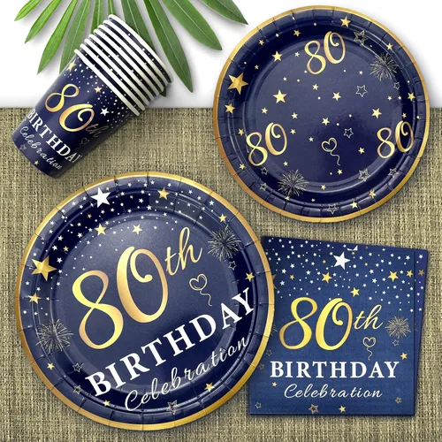 Miniatura 2 de Platos y servilletas de decoración de cumpleaños número 80 azul y dorado, servicio para fiesta de cumpleaños de 30 o 80 años, incluye platos azul