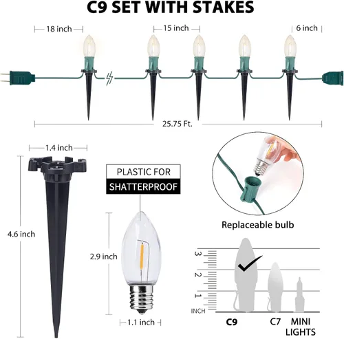 Miniatura 4 de Luces LED C9 para camino, 2 juegos en total de 51.4 pies de luz de camino de Navidad con 40 bombillas y estacas, tira de luces extensibles Blanco
