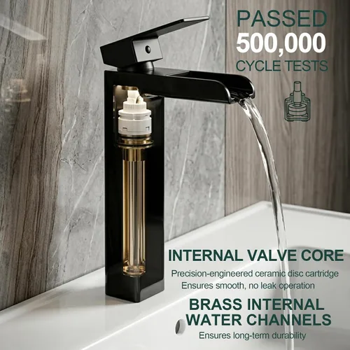Miniatura 7 de Grifo de baño de cascada alto negro, grifo de fregadero Hanlde con boquilla de cascada, grifos de baño para 1 agujero, grifo mezclador de tocador