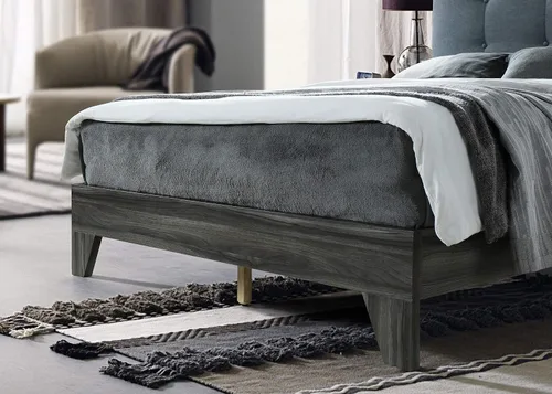 Miniatura 4 de Hodedah Cama con cabecera tapizada y plataforma de marco de madera, individual, gris (HI681 Twin Grey)