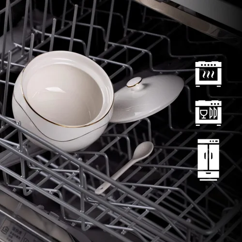 Miniatura 5 de KITCHENDAO Azucarero de porcelana con tapa y cuchara, sin polvo, recipiente de cerámica para encimera, cocina, café, lavavajillas, horno