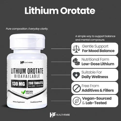Miniatura 2 de HealthFare Suplemento de orotato de litio de 130 mg 200 tabletas vegetarianas Mineral traza de alta biodisponibilidad Soporte para el estado