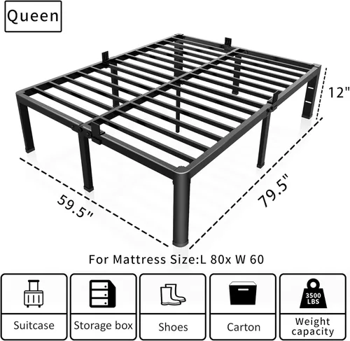 Miniatura 3 de ROIL - Base de cama Queen de metal de 12 pulgadas con esquinas redondeadas y orificios para cabecero, con sujetadores de colchón, listones de acero