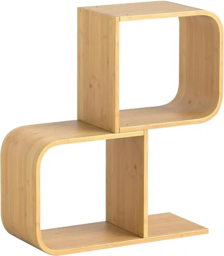 Miniatura 7 de Estantería geométrica moderna de bambú de 4 niveles en forma de S, gran capacidad, estante curvado, mesita de noche 2 en 1, estantería