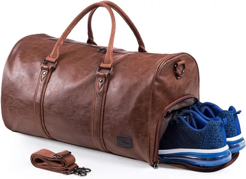 Miniatura 8 de Bolsa de viaje de cuero con bolsa para zapatos, bolsa impermeable para fin de semana, bolsa de lona de mano para hombres y mujeres, color negro
