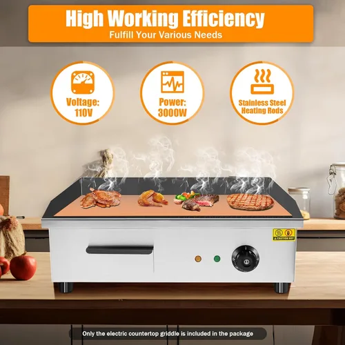 Miniatura 4 de Plancha eléctrica antiadherente de 3000 W, parrilla termostática de doble control de 572 °F/572.0 °F con disyuntor de sobrecarga, parrilla