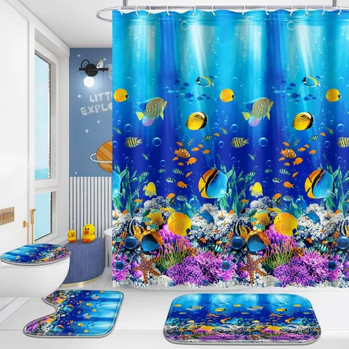 Poedist - Juego de ducha de baño, 4 piezas, diseño de mundo submarino azul para niños, incluye cortina de ducha y tapetes para baño (tapete de baño,