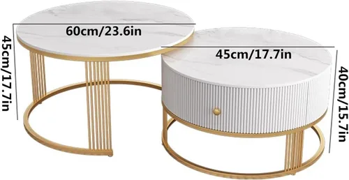 Miniatura 2 de Mesa Slate - Juego de 2 mesas auxiliares anidables con 1 cajón y metal resistente y patrón de mármol blanco, mesa auxiliar redonda para sala