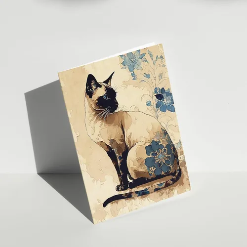 Miniatura 4 de Artery8 Gato siamés con flores azules acuarela y tinta ilustración moderna arte cumpleaños sellada tarjeta de felicitación más sobre en blanco
