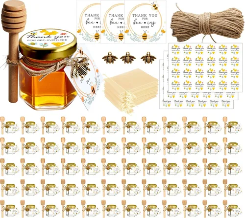Adabocute Tarro de Miel, tarros de miel mini con cuchara de madera, tapa dorada, adornos de abeja, bolsas de regalo beige, etiquetas Gracias por