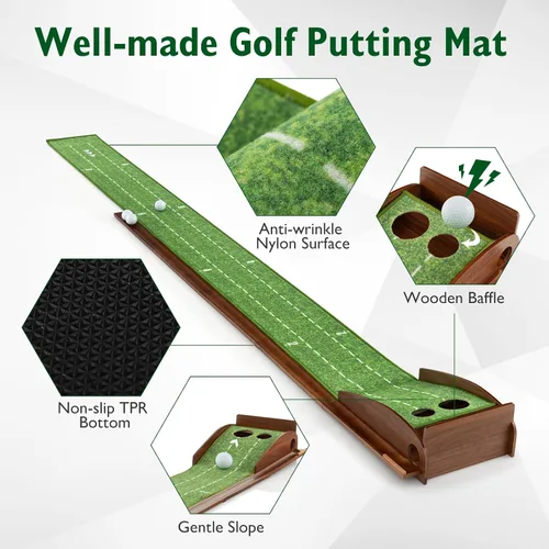 Miniatura 4 de Tangkula Alfombrilla de práctica de golf de 10 pies, 2/3 hoyos con retorno automático de bola para interiores y exteriores, guías de alineación y 3