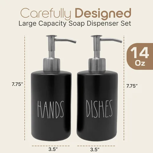 Miniatura 2 de Modern Farmhouse - Juego de dispensador de jabón para manos y platos de cerámica para cocina, bombas de acero inoxidable, botellas negras de 14