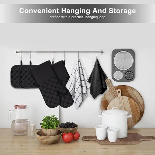 Miniatura 7 de Manoplas de Horno Toallas de Cocina Paños de Cocina con Soportes para Ollas Juego de 12 Piezas, Juego de Toallas de Cocina, Guantes de Horno Negro