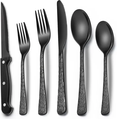 Miniatura 7 de EWFEN Juego de cubiertos negros de 24 piezas con cuchillos para carne, juego de cubiertos negros para 4, juego de cubiertos de acero inoxidable