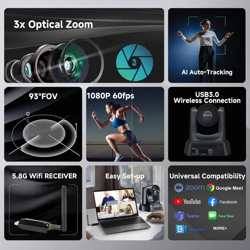 Miniatura 3 de TONGVEO Cámara Web Inalámbrica de 5.8GHz para Sala de Conferencias, Cámara PTZ USB 1080P 60fps de 3X para Transmisión en Vivo de la Iglesia