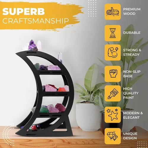 Miniatura 3 de Estante de exhibición de cristal de madera, soporte de cristal para piedras y aceite esencial, decoración de bruja negra, con frase de luna