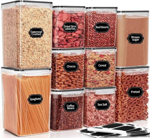 PRAKI Contenedores herméticos grandes para almacenamiento de alimentos con tapas, 10 recipientes de plástico para almacenamiento de cereales,