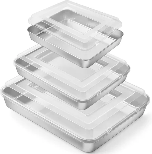 P&P CHEF - Molde de acero inoxidable con tapa, moldes rectangulares para pastel, bandeja para hornear para lasaña y brownies, lado profundo de 2