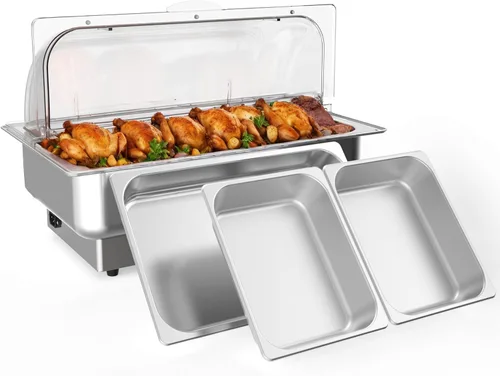 Miniatura 14 de GarveeHome Juego de bufé eléctrico de acero inoxidable con tapa enrollable con 1 sartén de 9 cuartos de galón, control de temperatura de 400 W