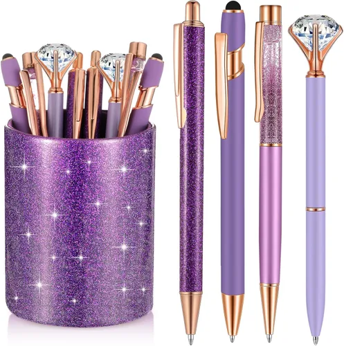 Miniatura 11 de Sabary 8 bolígrafos negros con soporte para bolígrafo para escritorio, con purpurina, diamantes de cristal, bonito soporte para lápices, organizador