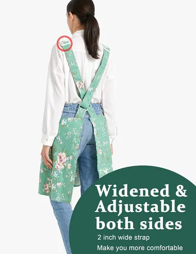 Miniatura 2 de Delantales ajustables con espalda cruzada para mujer con bolsillos de algodón y lino para cocinar y hornear Flores rosa