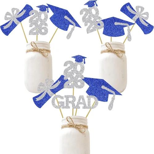 Miniatura 20 de Centro de mesa de graduación Decoración de mesa de centro de fiesta, palillos con purpurina, tapa de graduación para clase, fotomatón, favores, azul