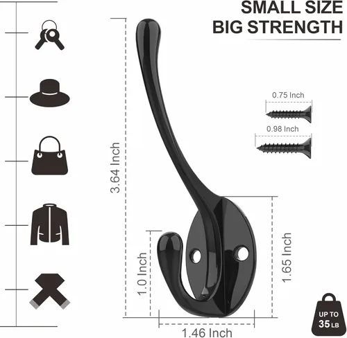 Miniatura 3 de Ganchos de pared de metal resistentes para abrigos, paquete de 10 ganchos negros montados en la pared con 20 tornillos, ganchos dobles para abrigo