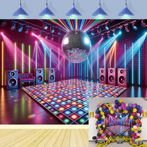 Miniatura 8 de Telón de fondo de escenario de discoteca, música rock, retro, bola de discoteca, brillante, colorido, fondo de fotografía de los años 70, 80, 90