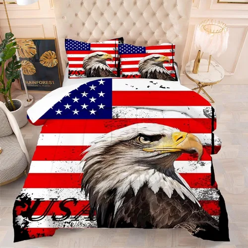 Miniatura 24 de kxry Juego de edredón de 250 años de Estados Unidos, tamaño individual, ropa de cama vintage de estatua de la libertad y bandera estadounidense