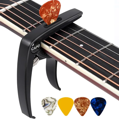 Miniatura 7 de AARVI Cejilla de guitarra de 6 cuerdas para guitarras acústicas y eléctricas, abrazadera universal con 4 púas de alta calidad, compatible con Negro