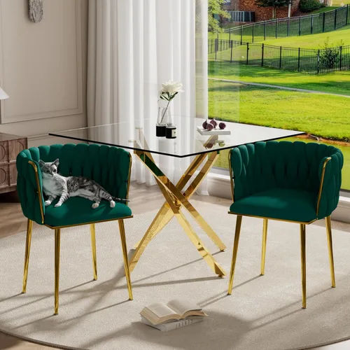 Miniatura 24 de RGZ Juego de mesa de cocina cuadrada minimalista moderna de 3 piezas, mesa de comedor de vidrio transparente con sillas tejidas negras, juego de 2