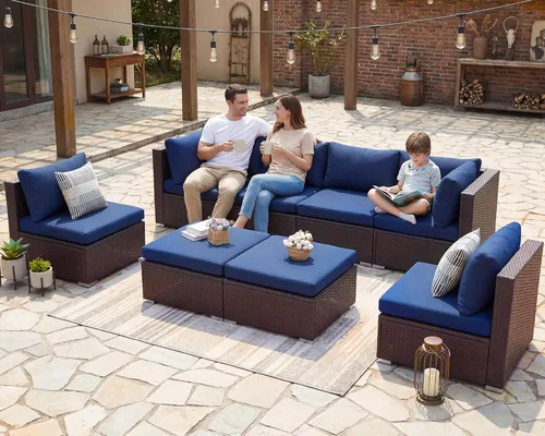 Miniatura 16 de NICESOUL Juego de muebles de patio para exteriores de 7 piezas con mesa para hoguera, gas natural y propano convertible, respaldo alto de 29.3