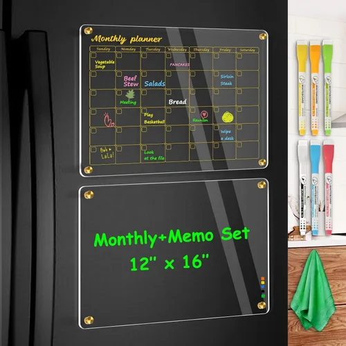 Miniatura 10 de WALGLASS Calendario acrílico para refrigerador, 8.5"x11" Oro, pizarra acrílica transparente semanal magnética de borrado en seco para refrigerador