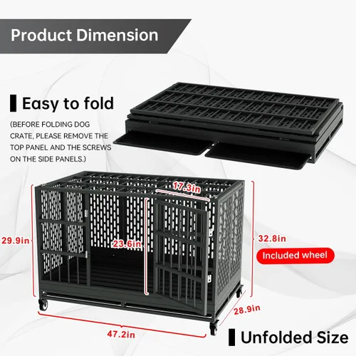 Miniatura 2 de Snuowu Jaula para perros de 48 pulgadas de servicio pesado con ruedas, jaula plegable de metal para perros grandes y medianos, jaula para perros