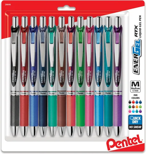 Pentel EnerGel RTX - Bolígrafo de gel líquido retráctil (¹/₃₂ pulgadas), línea mediana, tintas de colores surtidos, 12 unidades (BL77BP12M)
