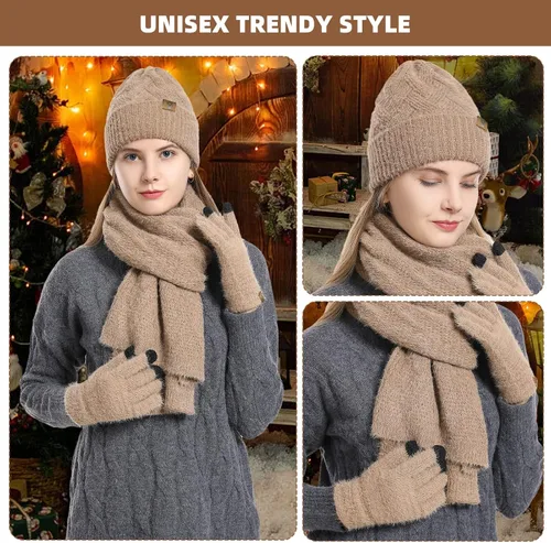 Miniatura 6 de Gorro de punto de invierno para mujer con guantes para pantalla táctil, gorro de pompón, bufandas para el cuello para hombres