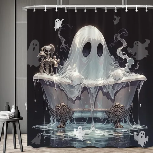 Miniatura 2 de Cortina de ducha espeluznante de terror para Halloween, fondo negro, decoración de ambiente festivo, decoración de baño, poliéster, impermeable