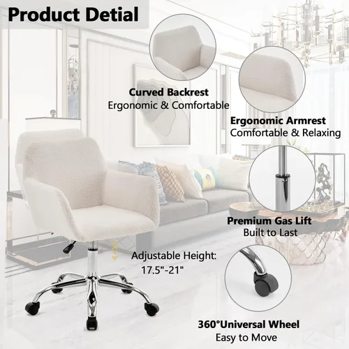Miniatura 3 de Silla moderna de piel sintética para oficina en casa, silla tapizada de piel sintética, bonita silla de escritorio peluda blanca con ruedas y base