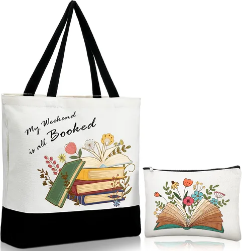 Cunno Juego de 2 bolsas de lona con bolsa de maquillaje, bolsas estéticas para amantes de los libros para regalo de agradecimiento al profesor