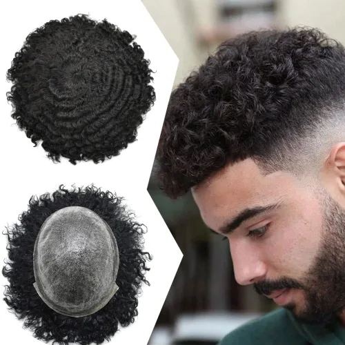 Miniatura 11 de Afro Toupee Para Hombres Negros Unidad De Cabello Humano Para Hombres Negros Pieza De Pelo PU Ingección Afro Mens Toupee 10MM #1B Off Negro