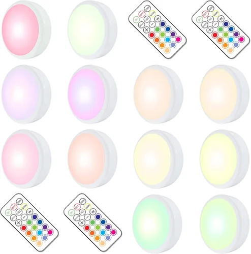 HELPLEX Luces LED Tipo Puck con Control Remoto, Paquete de 12 Luces Adhesivas RGBW que Cambian de Color, Alimentadas por Batería, Iluminación