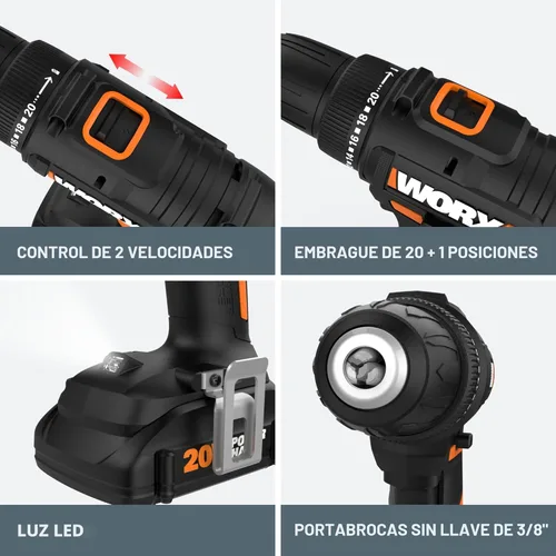 Miniatura 5 de Worx Taladro Atornillador Inalámbrico de 20V, Kit de Accesorios de 84 Piezas, 2 Velocidades Variables, Par de 265 In-Lbs, Embrague 20+1, Ligero
