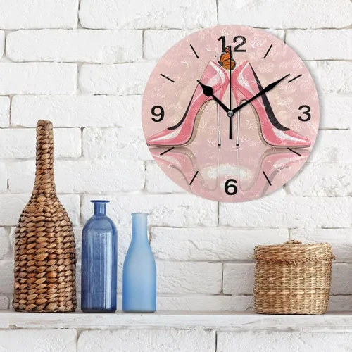 Miniatura 3 de ALAZA Reloj de pared redondo acrílico para decoración del hogar, diseño de mariposa, de tacón alto, color rosa, 9.84 pulgadas, sin tictac, para sala