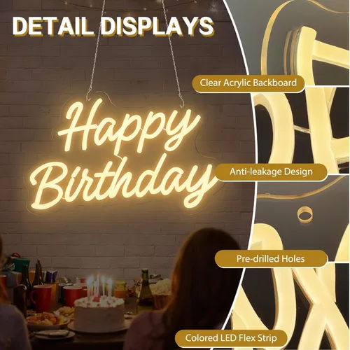 Miniatura 5 de Letrero de neón para decoración de pared, letrero LED de feliz cumpleaños con banderas de fiesta, luz de neón regulable alimentada por USB para mesa